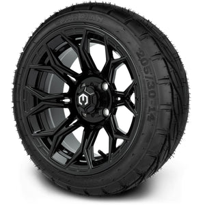 MODZ® 14" Halo Glossy Black Wheels & Street Tires Combo (MODZ Guardian 205/30-14)