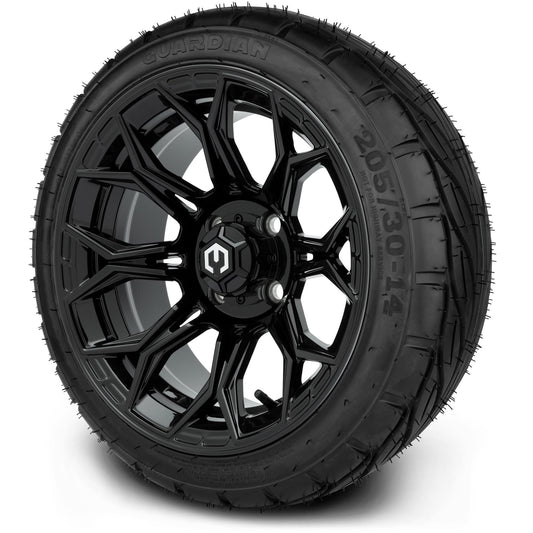 MODZ® 14" Halo Glossy Black Wheels & Street Tires Combo (MODZ Guardian 205/30-14)