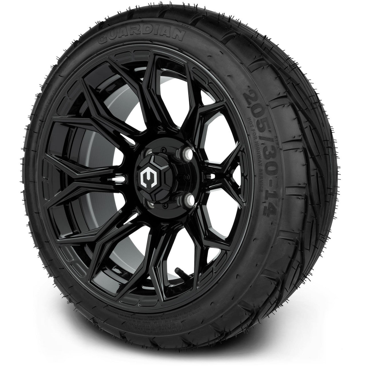 MODZ® 14" Halo Glossy Black Wheels & Street Tires Combo (Odyssey Tesseract Steel Belted Radial 215/35-14)