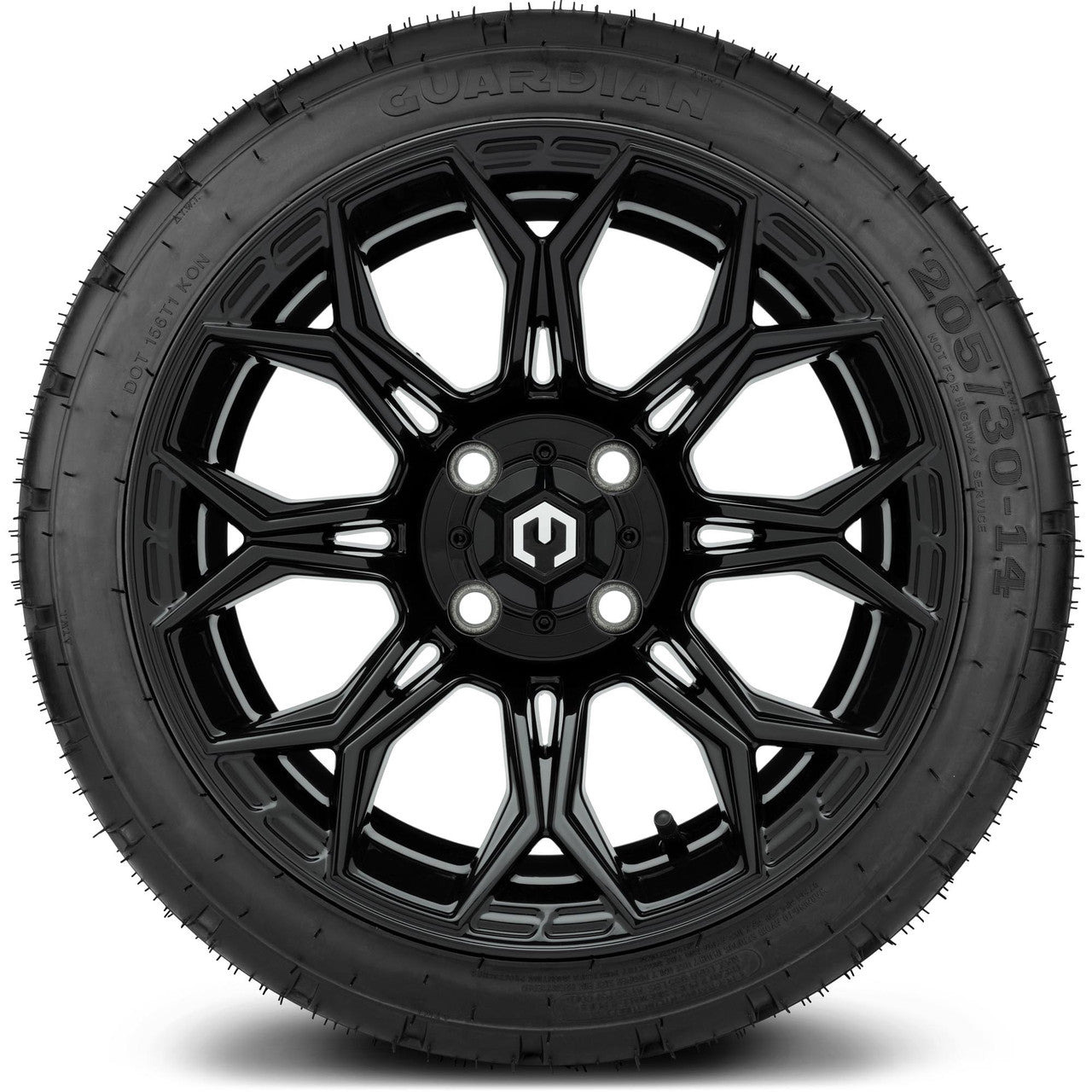 MODZ® 14" Halo Glossy Black Wheels & Street Tires Combo (Odyssey Tesseract Steel Belted Radial 215/35-14)