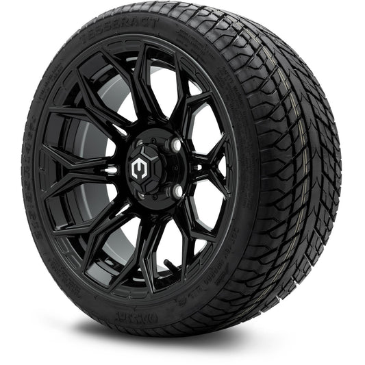 MODZ® 14" Halo Glossy Black Wheels & Street Tires Combo (Odyssey Tesseract Steel Belted Radial 215/35-14)