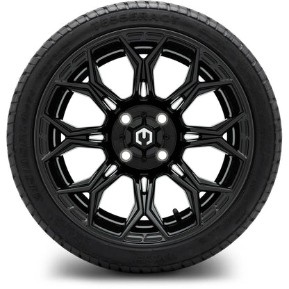 MODZ® 14" Halo Glossy Black Wheels & Street Tires Combo (Odyssey Tesseract Steel Belted Radial 215/35-14)