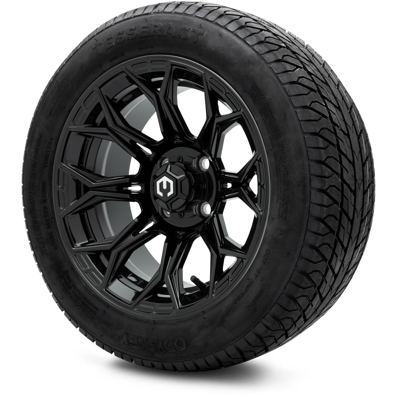 MODZ® 14" Halo Glossy Black Wheels & Street Tires Combo (Odyssey Tesseract Steel Belted Radial 215/50-14)