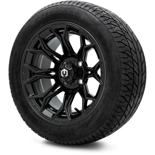 MODZ® 14" Halo Glossy Black Wheels & Street Tires Combo (Odyssey Tesseract Steel Belted Radial 215/50-14)