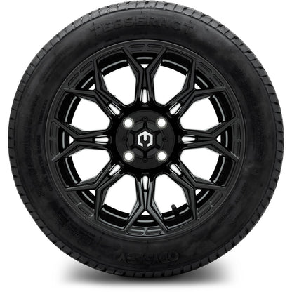 MODZ® 14" Halo Glossy Black Wheels & Street Tires Combo (Odyssey Tesseract Steel Belted Radial 215/35-14)