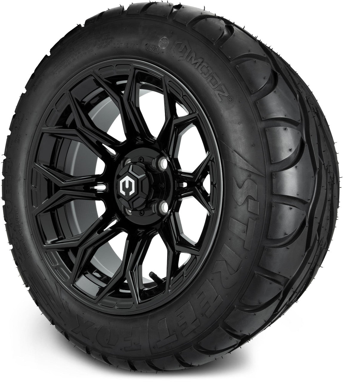 MODZ® 14" Halo Glossy Black Wheels & Street Tires Combo (Odyssey Tesseract Steel Belted Radial 215/35-14)
