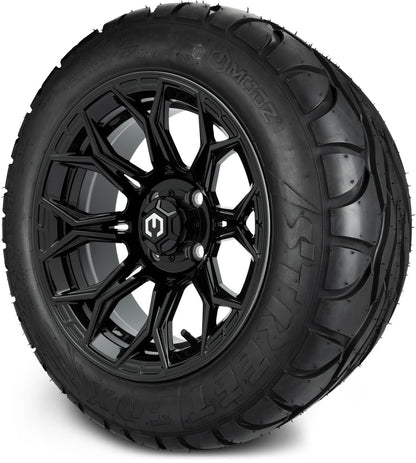 MODZ® 14" Halo Glossy Black Wheels & Street Tires Combo (Odyssey Tesseract Steel Belted Radial 215/50-14)