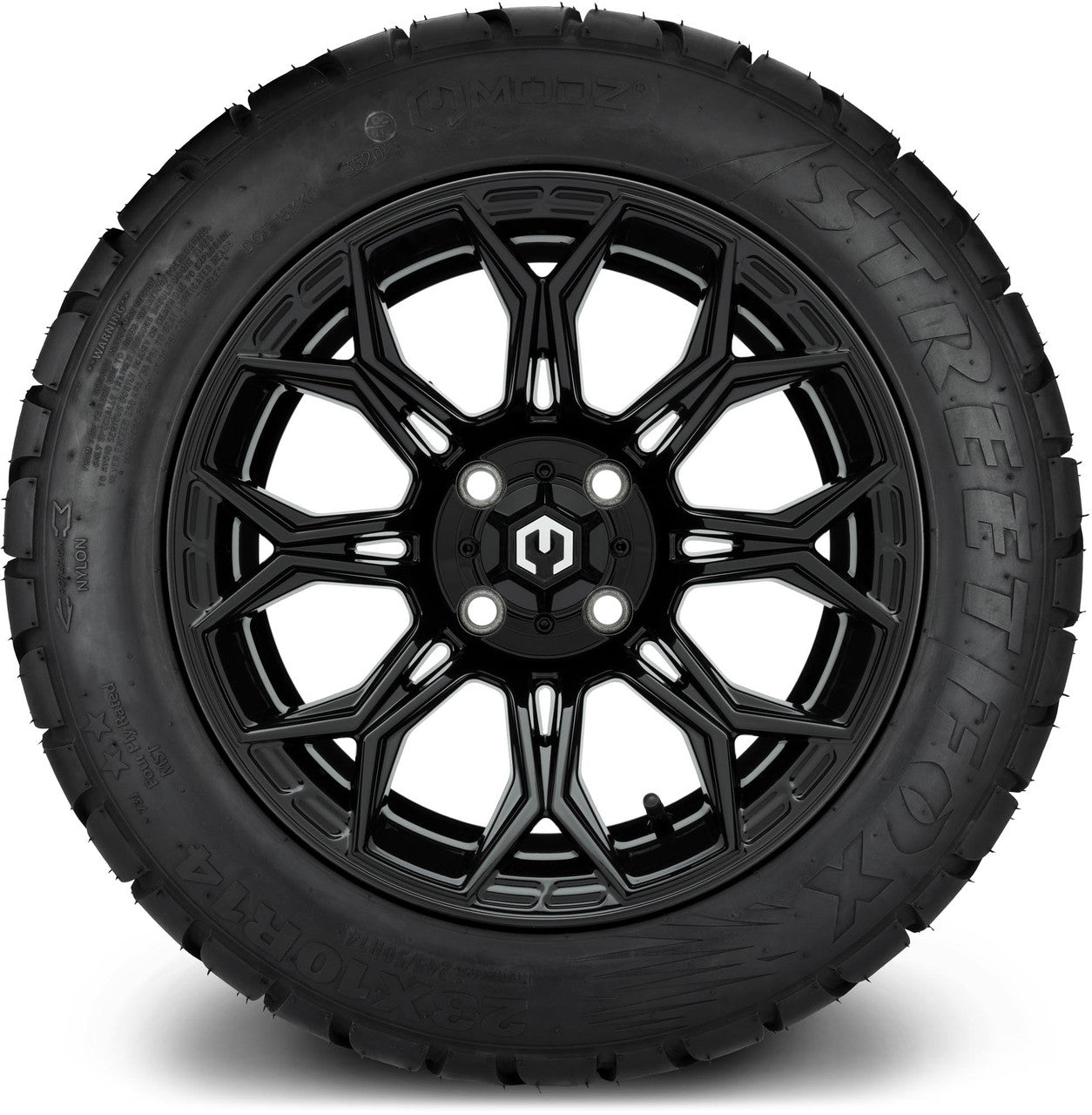 MODZ® 14" Halo Glossy Black Wheels & Street Tires Combo (Odyssey Tesseract Steel Belted Radial 215/35-14)