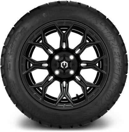 MODZ® 14" Halo Glossy Black Wheels & Street Tires Combo (Odyssey Tesseract Steel Belted Radial 215/35-14)