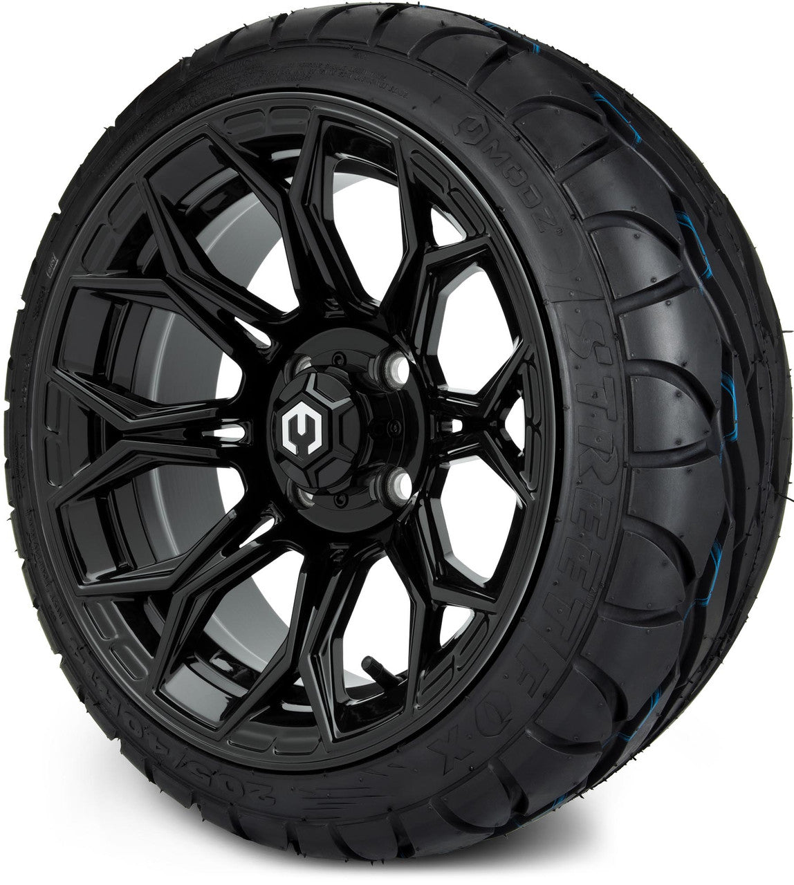 MODZ® 14" Halo Glossy Black Wheels & Street Tires Combo (Arisun Cruze 205/30-14)