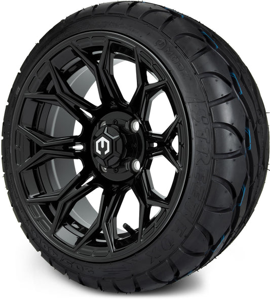 MODZ® 14" Halo Glossy Black Wheels & Street Tires Combo (MODZ Street Fox Radial 205/40-14)
