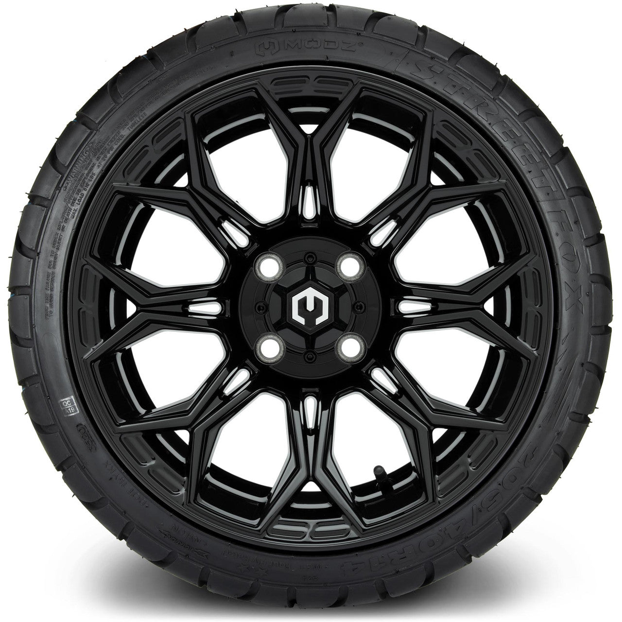 MODZ® 14" Halo Glossy Black Wheels & Street Tires Combo (Arisun Cruze 205/30-14)