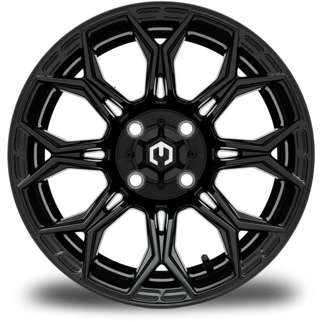 MODZ® 14" Halo Glossy Black Wheels & Street Tires Combo (Odyssey Tesseract Steel Belted Radial 215/35-14)