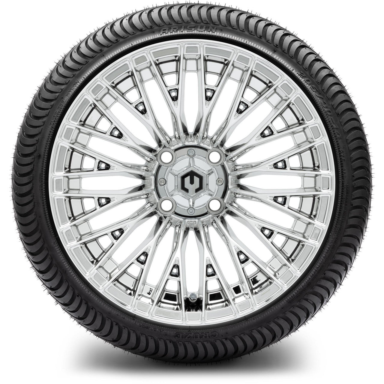 MODZ® 14" Reaper Chrome Wheels & Street Tires Combo (Odyssey Tesseract Steel Belted Radial 215/35-14)