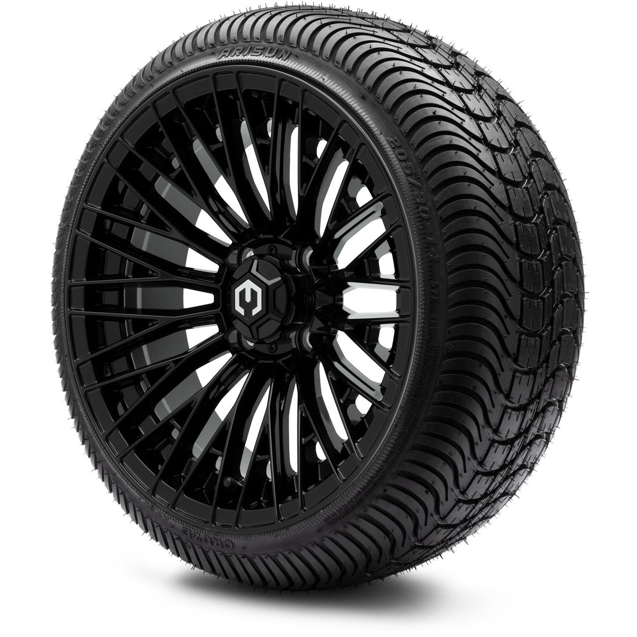 MODZ® 14" Reaper Glossy Black Wheels & Street Tires Combo (Odyssey Tesseract Steel Belted Radial 215/35-14)
