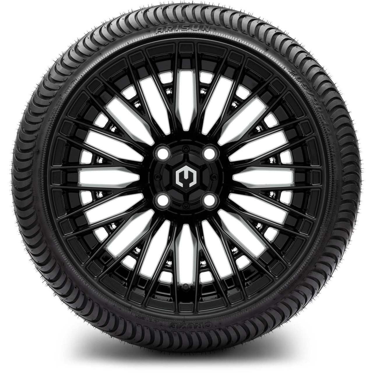 MODZ® 14" Reaper Glossy Black Wheels & Street Tires Combo (Odyssey Tesseract Steel Belted Radial 215/35-14)