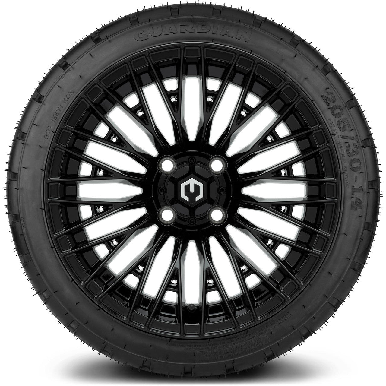 MODZ® 14" Reaper Glossy Black Wheels & Street Tires Combo (Odyssey Tesseract Steel Belted Radial 215/35-14)