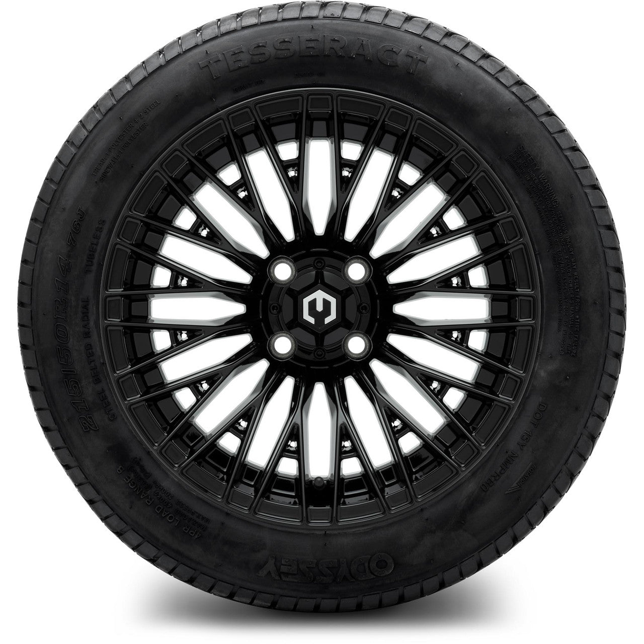 MODZ® 14" Reaper Glossy Black Wheels & Street Tires Combo (Odyssey Tesseract Steel Belted Radial 215/35-14)