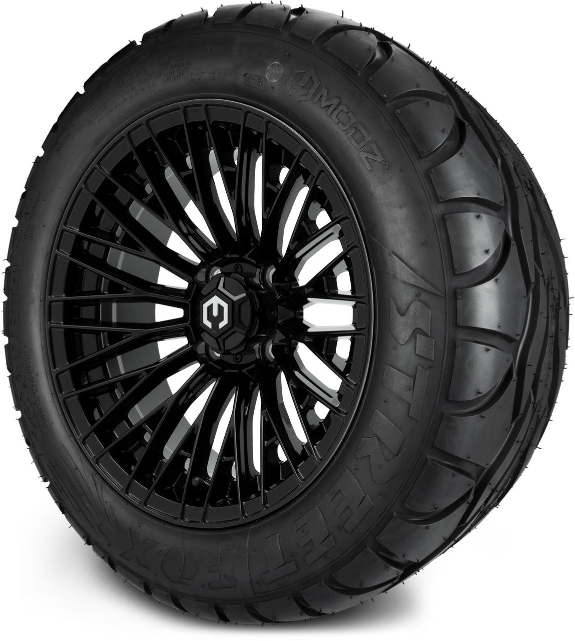 MODZ® 14" Reaper Glossy Black Wheels & Street Tires Combo (Odyssey Tesseract Steel Belted Radial 215/35-14)