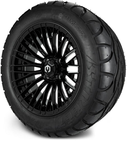 MODZ® 14" Reaper Glossy Black Wheels & Street Tires Combo (MODZ Street Fox Radial 205/40-14)