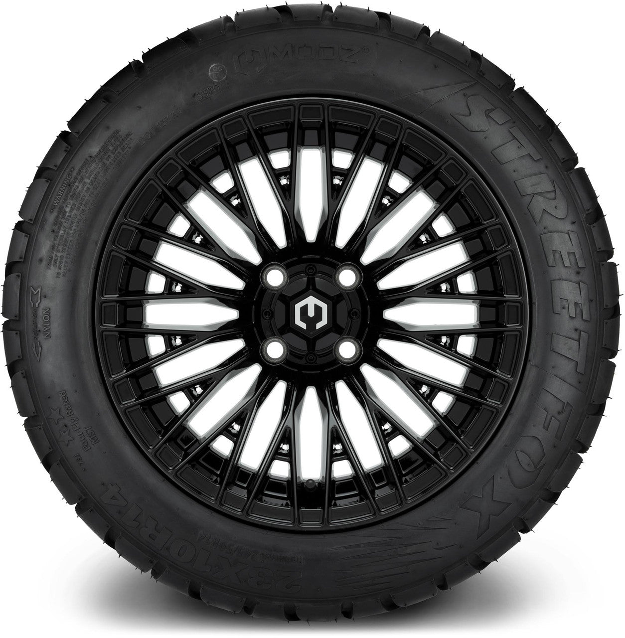 MODZ® 14" Reaper Glossy Black Wheels & Street Tires Combo (Odyssey Tesseract Steel Belted Radial 215/50-14)