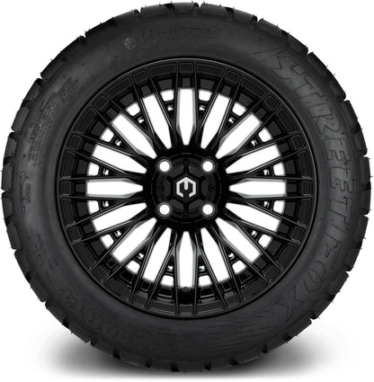 MODZ® 14" Reaper Glossy Black Wheels & Street Tires Combo (Odyssey Tesseract Steel Belted Radial 215/35-14)