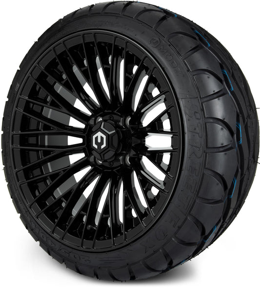 MODZ® 14" Reaper Glossy Black Wheels & Street Tires Combo (MODZ Street Fox Radial 205/40-14)