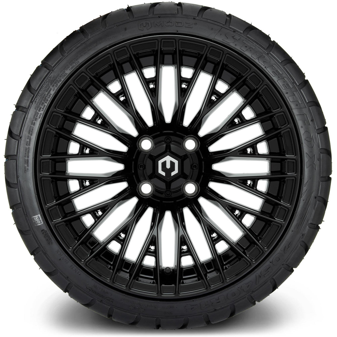 MODZ® 14" Reaper Glossy Black Wheels & Street Tires Combo (Odyssey Tesseract Steel Belted Radial 215/50-14)