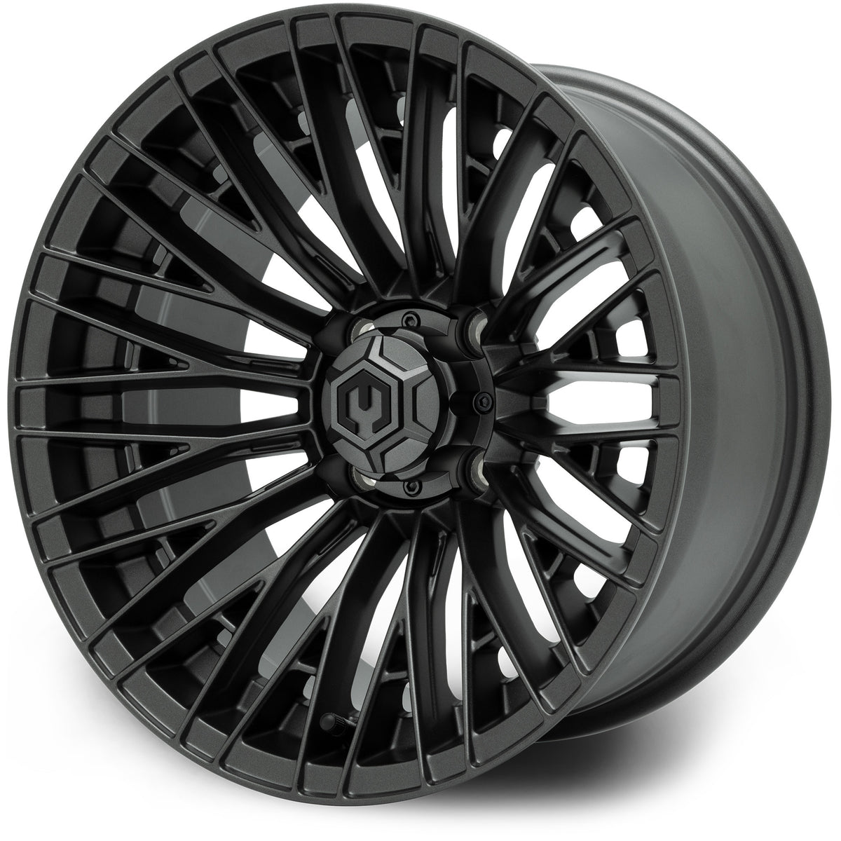MODZ® 14" Reaper Titanium Gunmetal Wheels & Street Tires Combo (Odyssey Tesseract Steel Belted Radial 215/50-14)