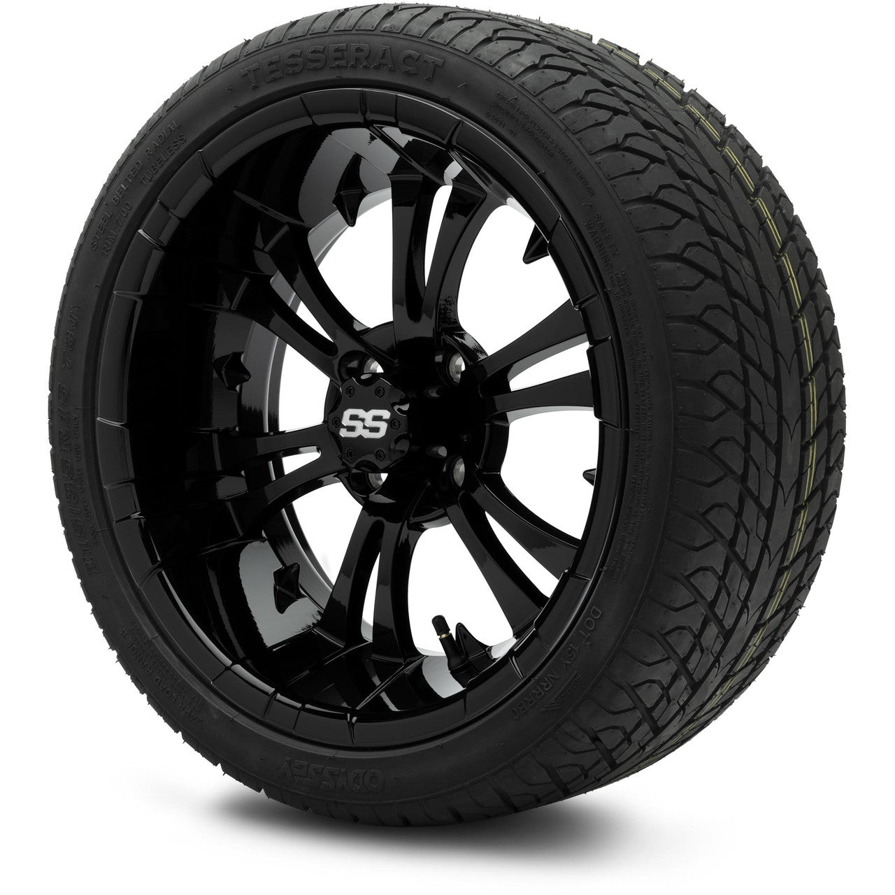 MODZ® 15" Vampire Glossy Black Wheels & Street Tires Combo (Odyssey Tesseract Steel-Belted Radial 215/45-R15)