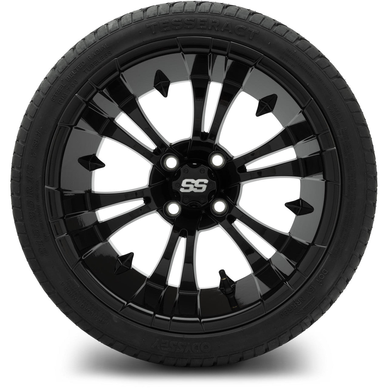 MODZ® 15" Vampire Glossy Black Wheels & Street Tires Combo (Odyssey Tesseract Steel-Belted Radial 215/35-R15)