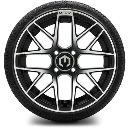 MODZ® 15" Matrix Machined Black Wheels & Street Tires Combo (Odyssey Tesseract Steel-Belted Radial 215/45-R15)