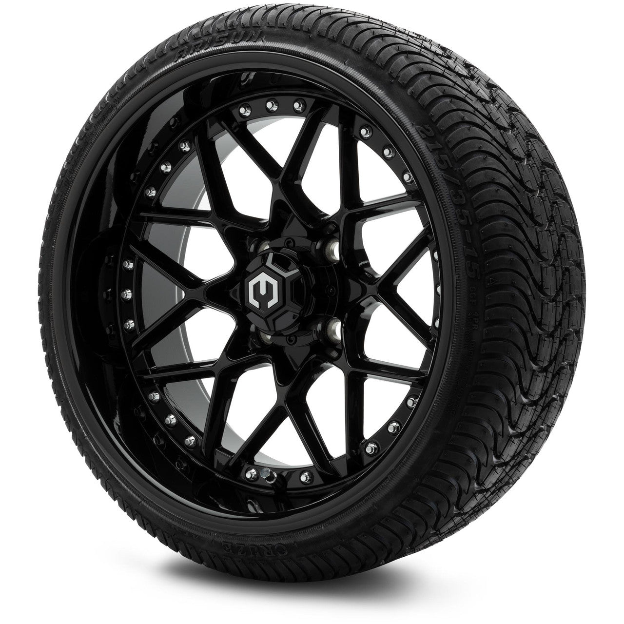 MODZ® 15" Formula Glossy Black Wheels & Street Tires Combo (Odyssey Tesseract Steel-Belted Radial 215/35-R15)
