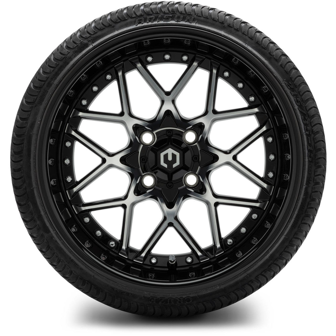 MODZ® 15" Formula Machined Black Wheels & Street Tires Combo (Odyssey Tesseract Steel-Belted Radial 215/45-R15)