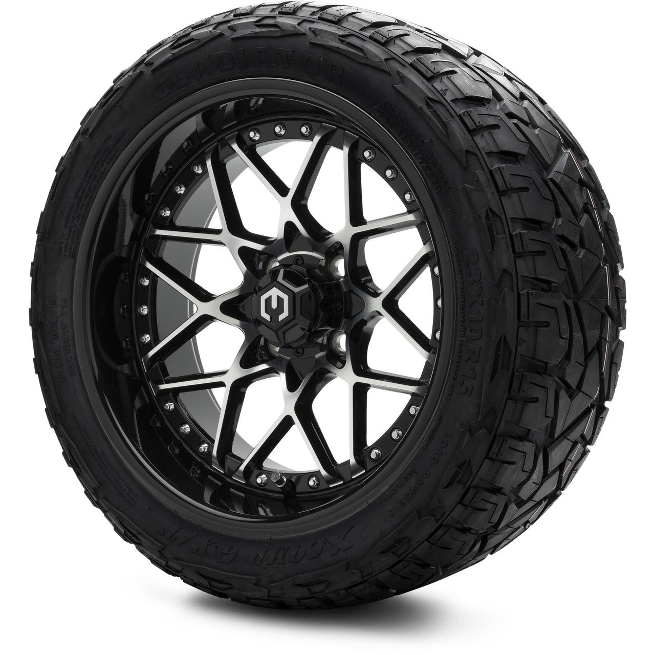 MODZ® 15" Formula Machined Black Wheels & Off-Road Tires Combo (Xcomp Gladiator Steel Belted Radial 23x10-15)