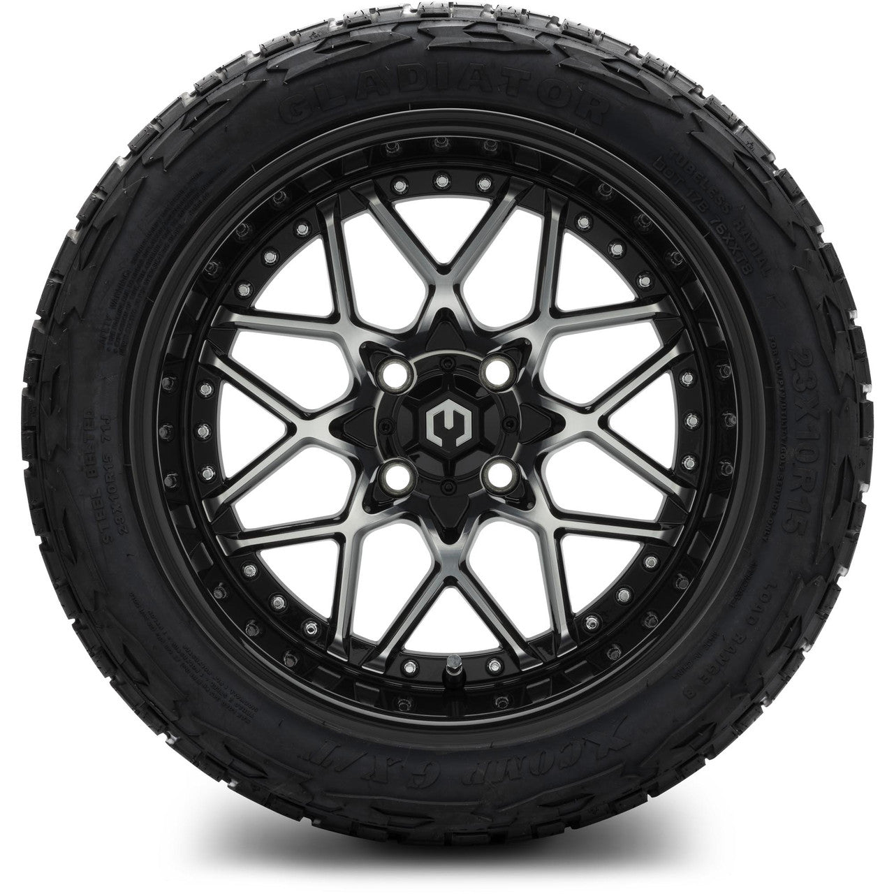 MODZ® 15" Formula Machined Black Wheels & Off-Road Tires Combo (Xcomp Gladiator Steel Belted Radial 23x10-15)