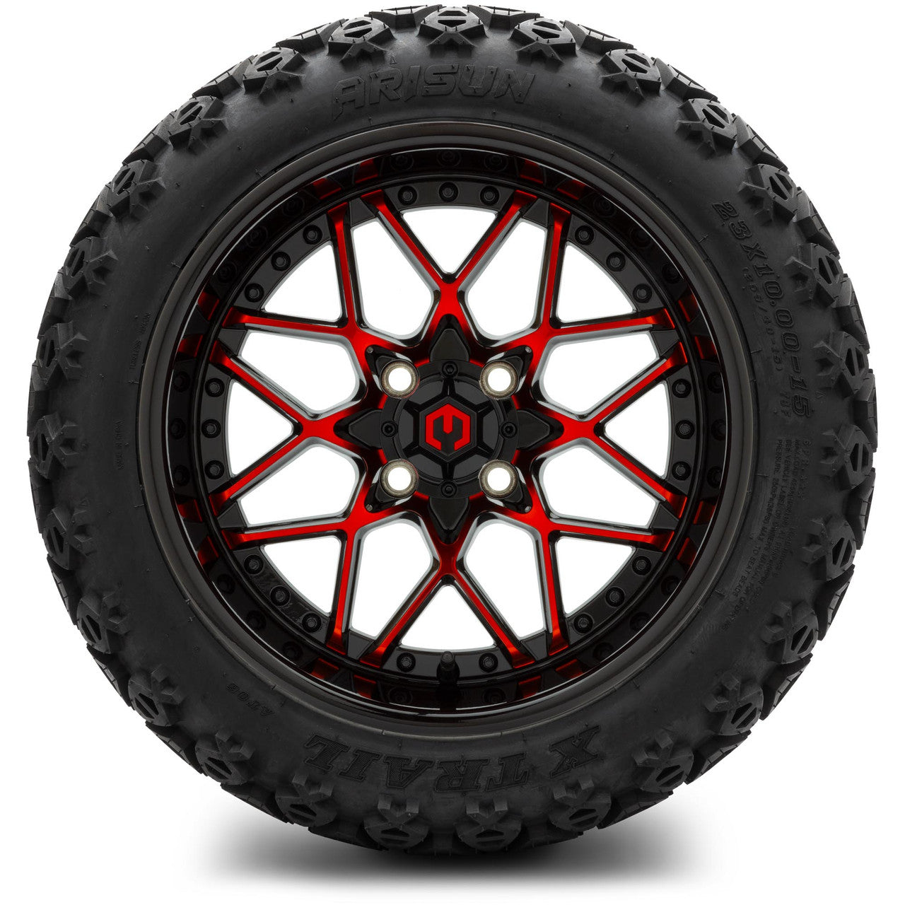 MODZ® 15" Formula Red and Black Wheels & Off-Road Tires Combo (Arisun X-Armory Steel Belted Radial 23x10-15)