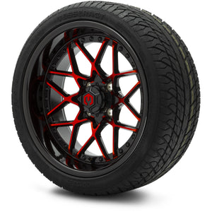 MODZ® 15" Formula Red and Black Wheels & Street Tires Combo (Odyssey Tesseract Steel-Belted Radial 215/35-R15)