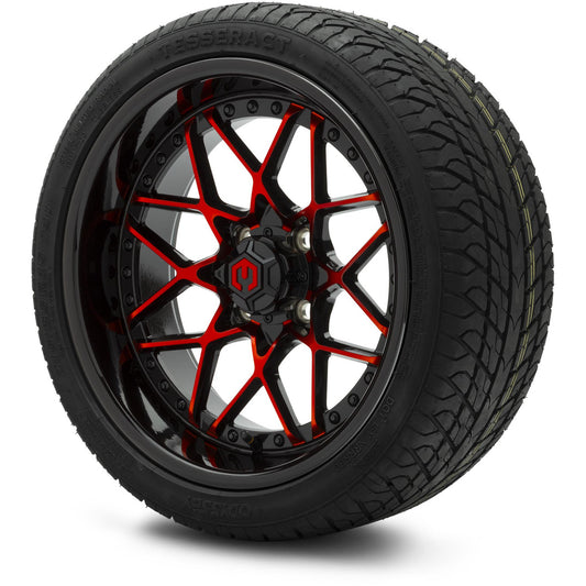MODZ® 15" Formula Red and Black Wheels & Street Tires Combo (Odyssey Tesseract Steel-Belted Radial 215/35-R15)