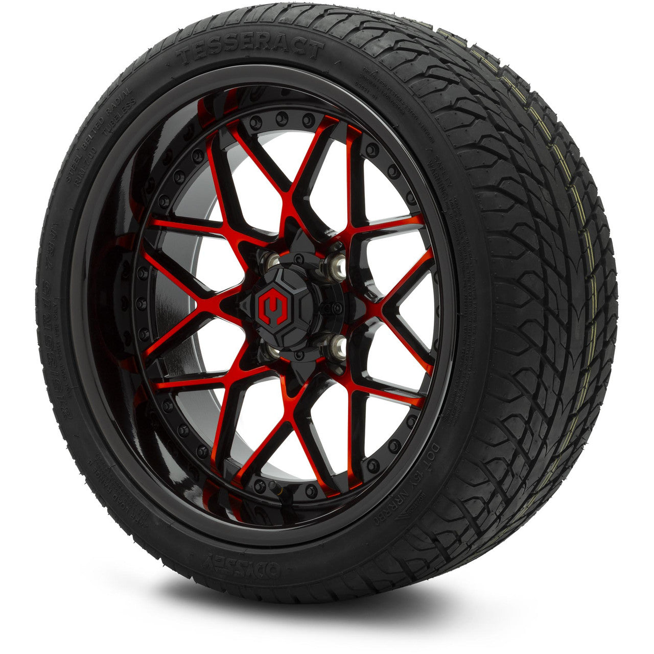 MODZ® 15" Formula Red and Black Wheels & Street Tires Combo (Odyssey Tesseract Steel-Belted Radial 215/45-R15)
