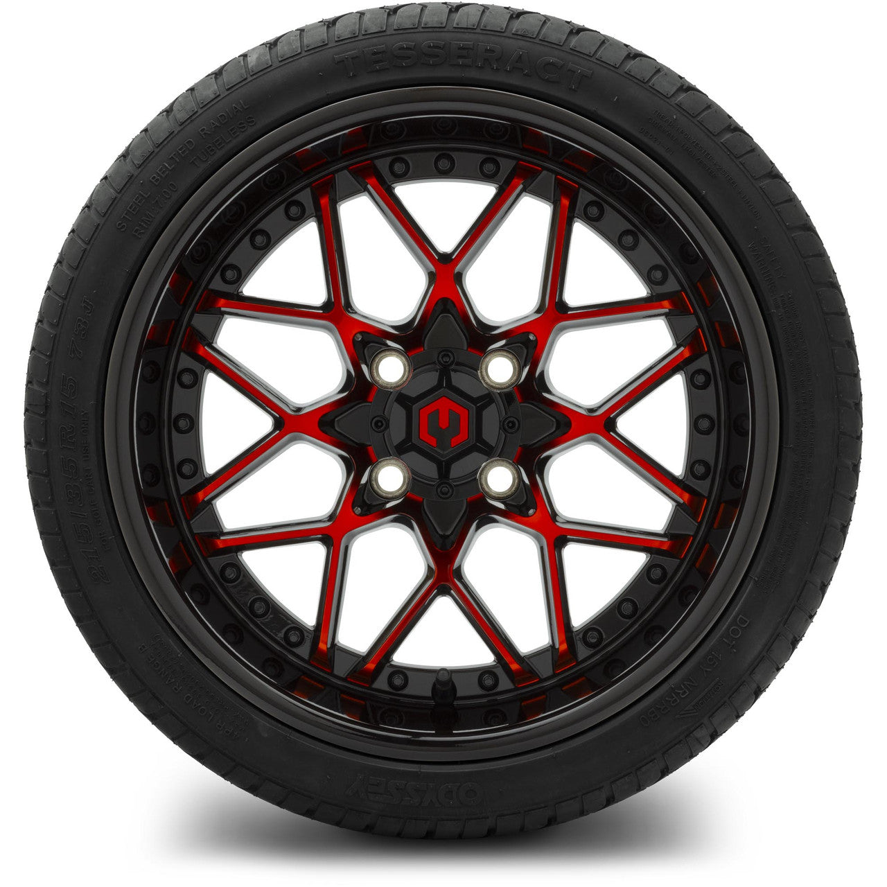 MODZ® 15" Formula Red and Black Wheels & Street Tires Combo (Odyssey Tesseract Steel-Belted Radial 215/45-R15)