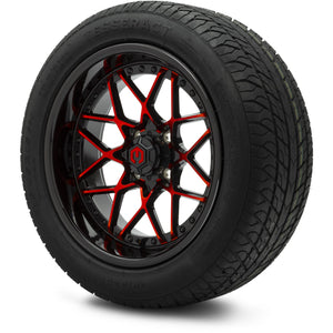 MODZ® 15" Formula Red and Black Wheels & Street Tires Combo (Odyssey Tesseract Steel-Belted Radial 215/45-R15)