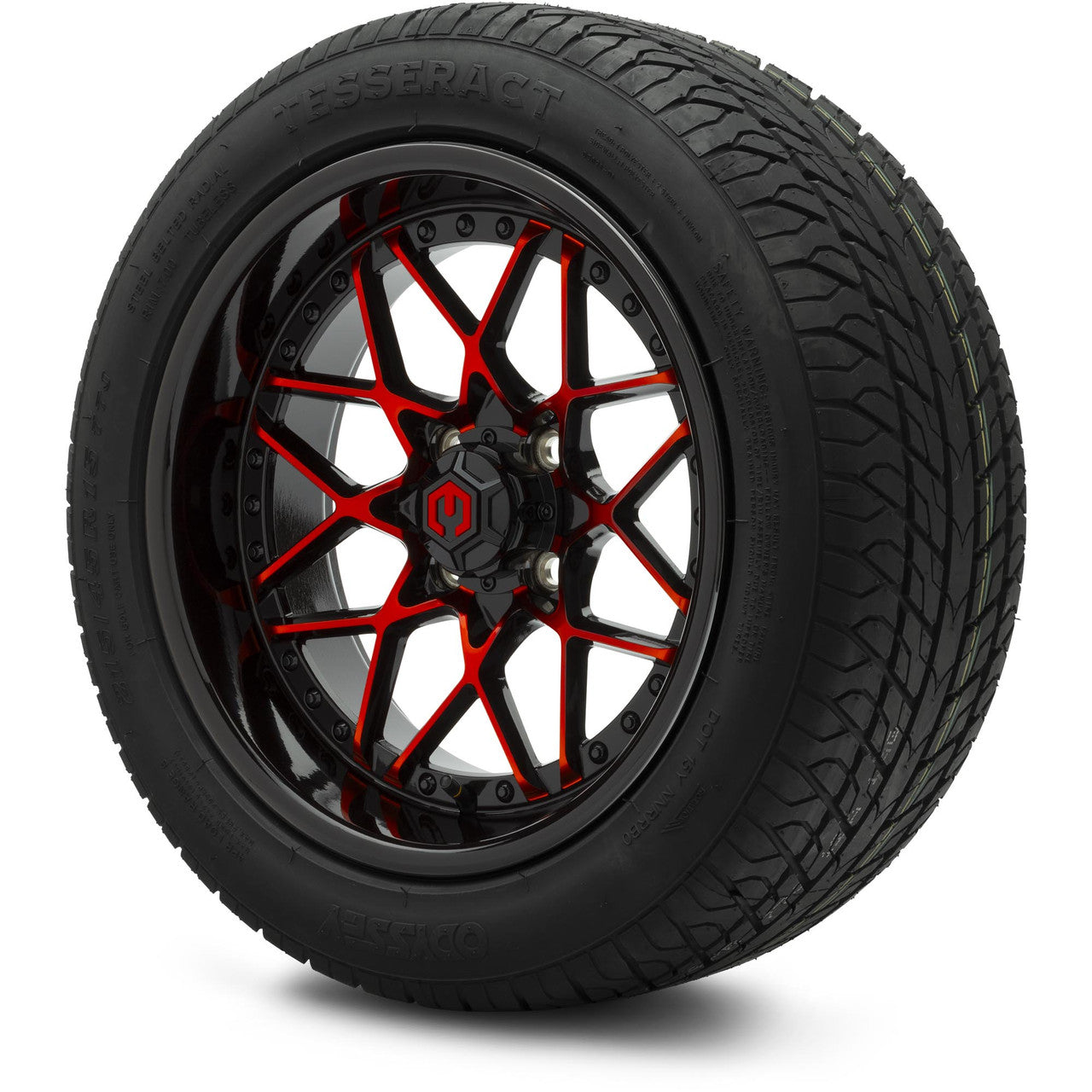 MODZ® 15" Formula Red and Black Wheels & Street Tires Combo (Odyssey Tesseract Steel-Belted Radial 215/35-R15)