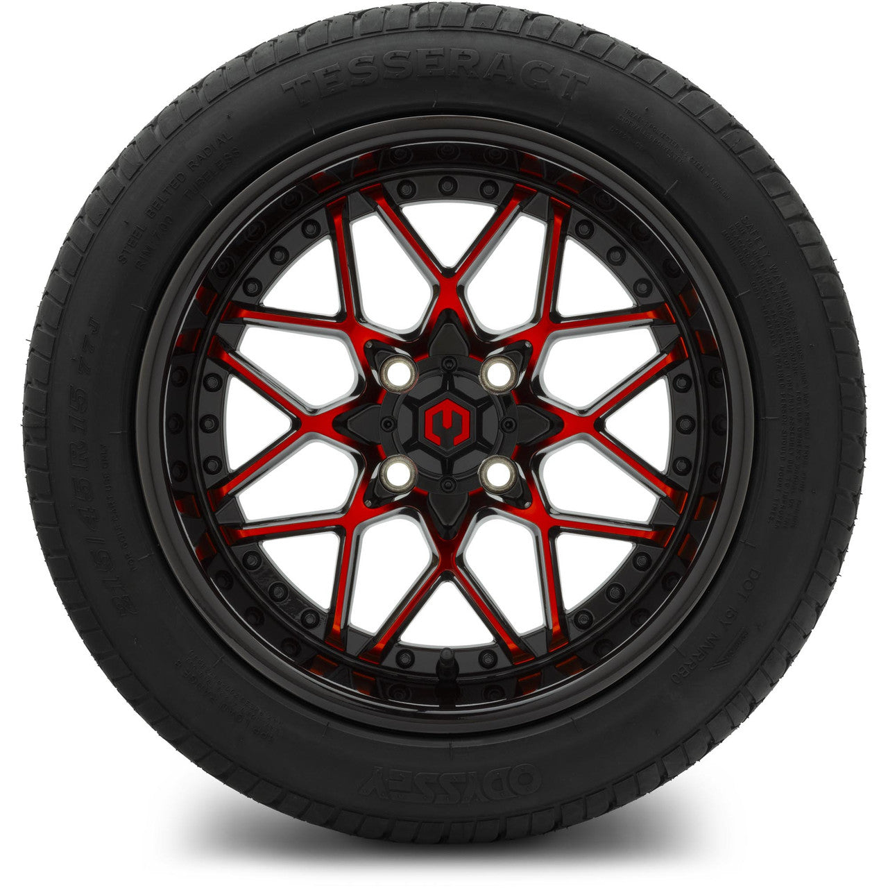 MODZ® 15" Formula Red and Black Wheels & Street Tires Combo (Odyssey Tesseract Steel-Belted Radial 215/35-R15)