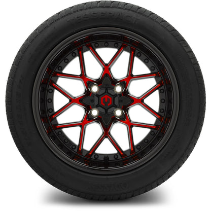 MODZ® 15" Formula Red and Black Wheels & Street Tires Combo (Odyssey Tesseract Steel-Belted Radial 215/35-R15)