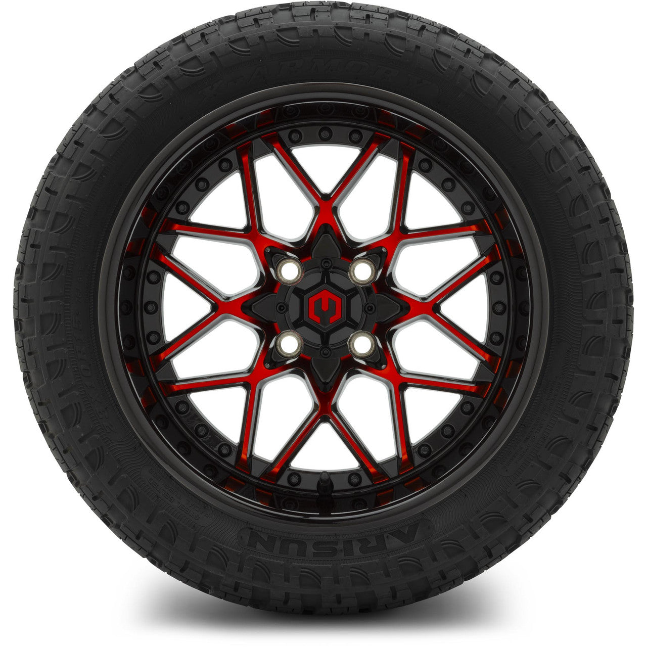 MODZ® 15" Formula Red and Black Wheels & Off-Road Tires Combo (Arisun X-Armory Steel Belted Radial 23x10-15)