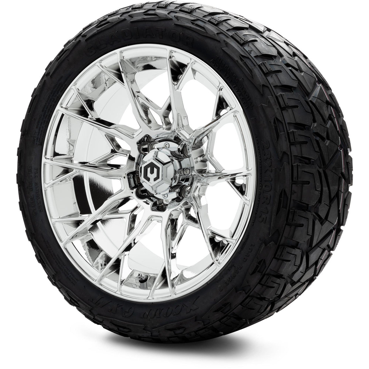 MODZ® 15" Chaos Chrome Wheels & Off-Road Tires Combo (Xcomp Gladiator Steel Belted Radial 23x10-15)
