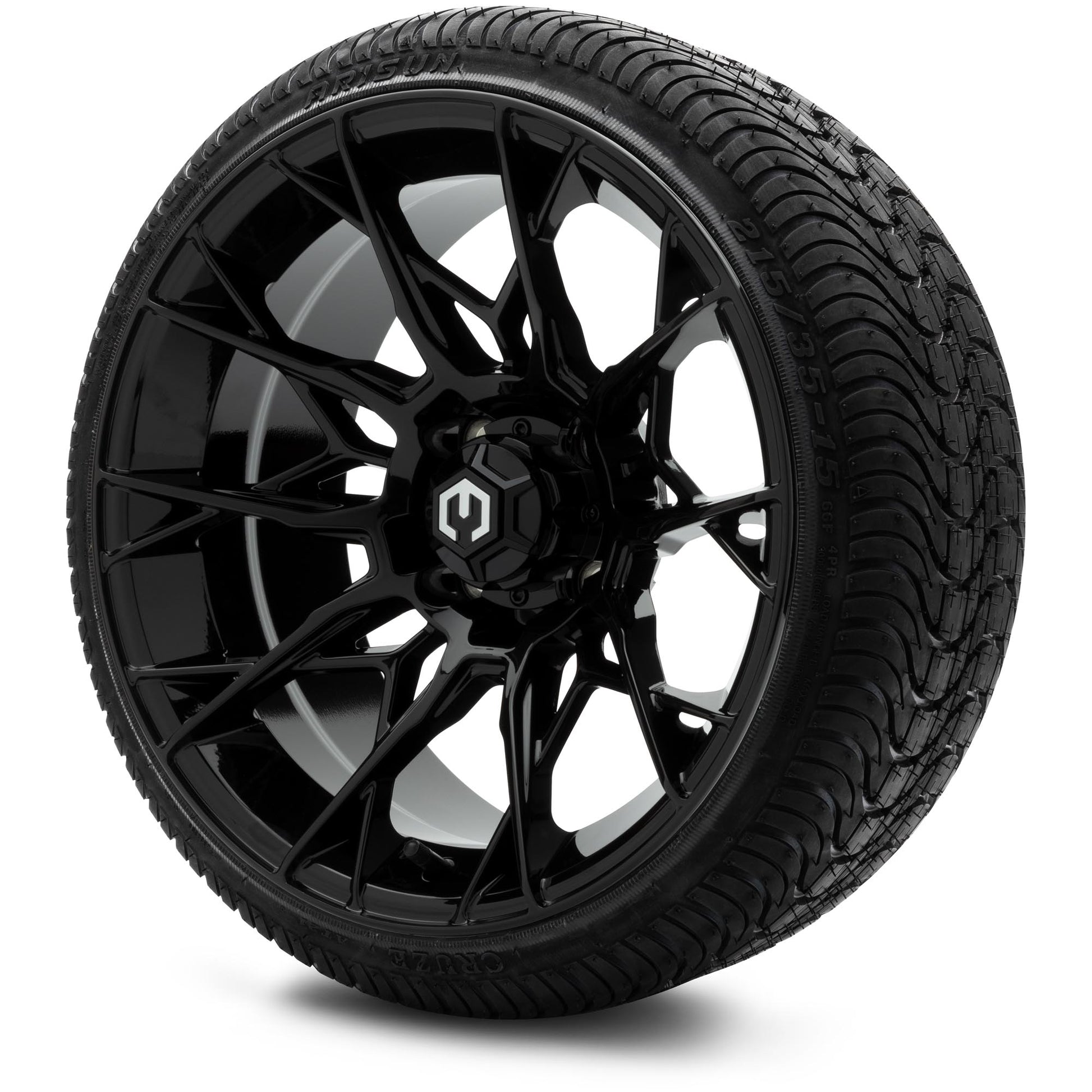 MODZ® 15" Chaos Glossy Black Wheels & Street Tires Combo (Arisun Cruze 215/35-15)