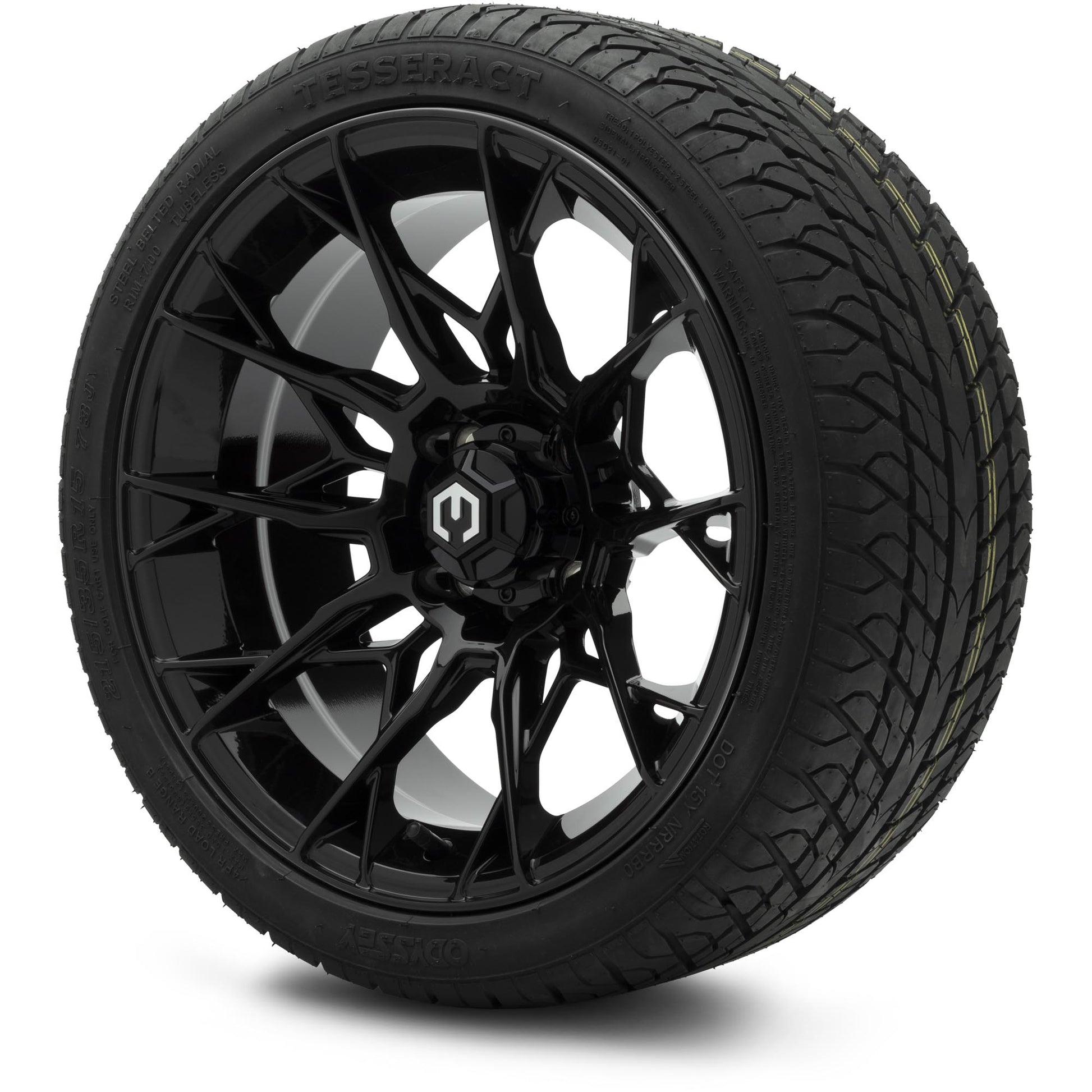 MODZ® 15" Chaos Glossy Black Wheels & Street Tires Combo (Odyssey Tesseract Steel-Belted Radial 215/35-R15)