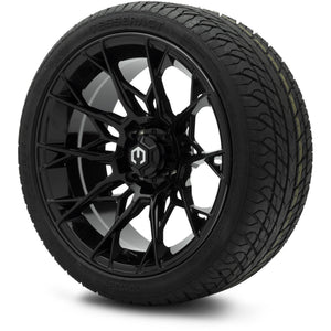 MODZ® 15" Chaos Glossy Black Wheels & Street Tires Combo (Odyssey Tesseract Steel-Belted Radial 215/35-R15)